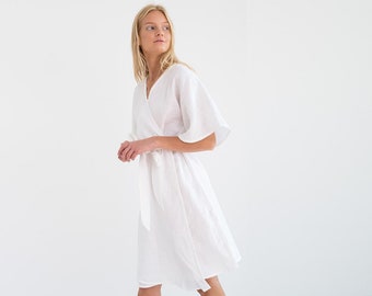 MARY Linen Wrap Dress / White Kimono Robe / Handmade Clothing For Women