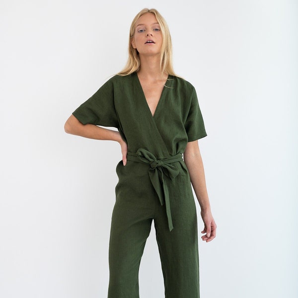 AURORA Linen Jumpsuit Forest Green / Loose Linen Overalls / Linen Kimono Romper / Womens Linen Clothing