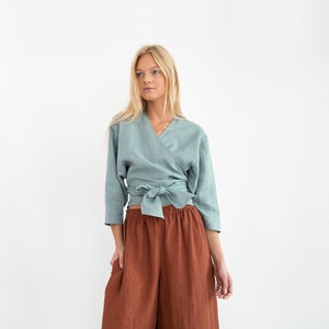 Linen wrap top, cropped kimono blouse, 3/4 sleeve | CLAIRE