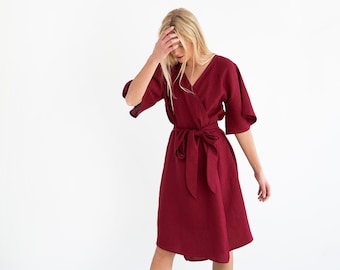 MARY Linen Wrap Dress / Midi Kimono Robe / Cherry Red / Handmade