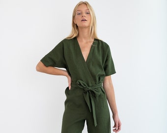 AURORA Linen Jumpsuit Forest Green / Loose Linen Overalls / Linen Kimono Romper / Womens Linen Clothing