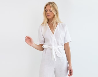 White linen jumpsuit, wrap romper with belt, loose fit, handmade | AURORA
