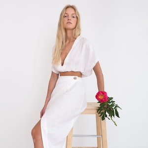 White linen wrap crop top, dolman sleeves | LEAH
