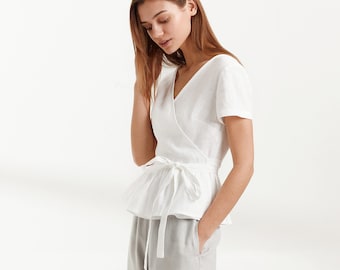 Blouse portefeuille en lin VIOLETA en blanc / Haut d’été en lin pour femmes / Vêtements pour femmes en lin