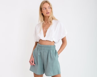 ISLA Short taille haute en lin / Taille élastique d'été / Vêtement d'été fait main pour femme