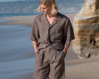 Men’s pleated linen shorts, cocoa brown, elastic waist | WESTON
