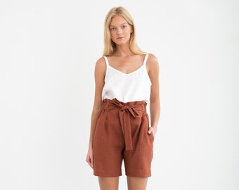 CORA Linen Shorts / High Waisted Linen Shorts / Paper Bag Beach Shorts / Handmade Clothing For Women