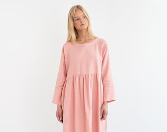 Abito midi in lino, modello smock a maniche lunghe / HARLOW