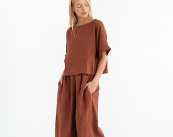 JAYDEN Linen Culottes / Wide Leg Palazzo Pants / High Waist Linen Trousers / Rust / Handmade Clothing For Women