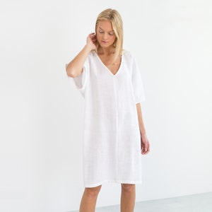 White Linen Dress PEONY, Oversized Summer Tunic with Loose Short Sleeves