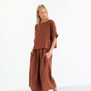 JAYDEN - Jupe-culotte en lin / Pantalon palazzo à jambe large / Pantalon taille haute en lin / Rouille / Vêtements faits main pour femme