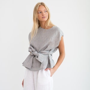 Linen tie-waist top, cap sleeve blouse, handmade | ALEXANDRA