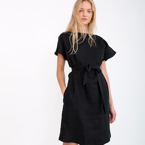 PENELOPE Linen Dress With Belt / Elegant Short Sleeve Midi Linen Summer Dress