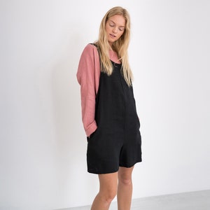 Black linen overall shorts, loose fit romper | RIVER