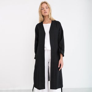 NORA Linen Coat / Black Linen Jacket / Long Blazer With Belt / Handmade Linen Clothing For Women