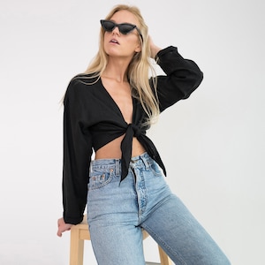 THEA Linen Tie Front Crop Top / Long Sleeve Cropped Linen Blouse