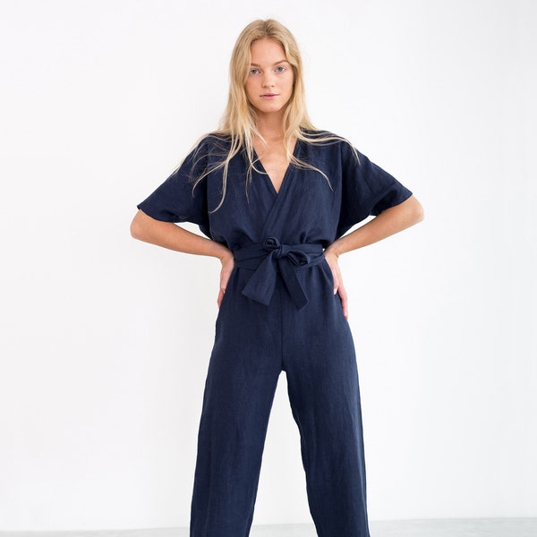 AURORA Linen Jumpsuit / Loose Linen Overalls / Linen Romper With Belt