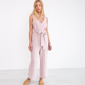 MADELINE Linen Jumpsuit With Belt / Sleeveless V-Neck Linen Overall zdjęcie 2