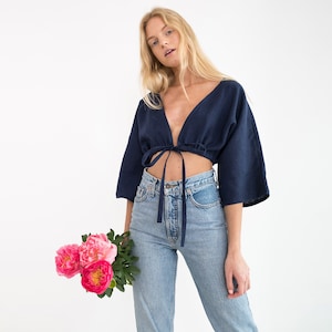 Linen Tie Front Crop Top MELLISA, Short Sleeve Blouse