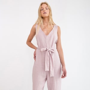 MADELINE Linen Jumpsuit With Belt / Sleeveless V-Neck Linen Overall zdjęcie 1