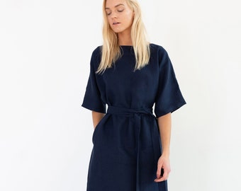 CLEMENTINE Linen Dress / Kimono Summer Dress With Belt / Navy Blue Midi Dress / Handmade Linen Clothing For Women