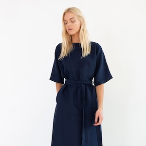 CLEMENTINE Linen Dress / Kimono Summer Dress With Belt / Navy Blue Midi Dress / Handmade Linen Clothing For Women