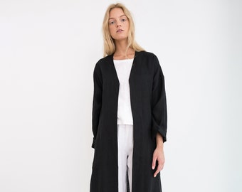 NORA Linen Coat Black Linen Jacket Long Blazer With Belt Handmade Linen Clothing for Women Etsy
