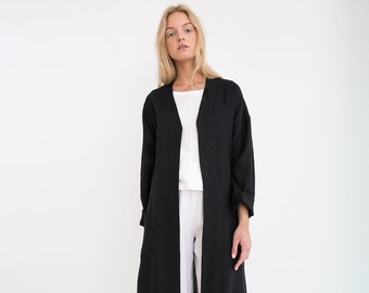 NORA Leinen Mantel / Schwarze Leinen Jacke / Langer Blazer Mit Gürtel / Handgemachte Leinen Kleidung Für Frauen