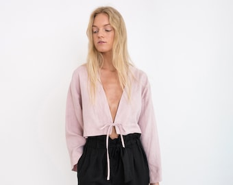 VICTORIA Linen Tie Front Top / Long Sleeve Cropped Linen Blouse