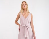 MADELINE Linen Jumpsuit With Belt Sleeveless V-Neck Linen Overall