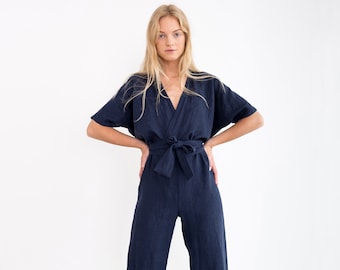 AURORA Linen Jumpsuit / Loose Linen Overalls / Linen Romper With Belt