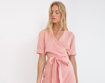 BRIGITTE Linen Bridesmaid Dress With Short Sleeves in Blush Pink / Wedding Wrap Dress