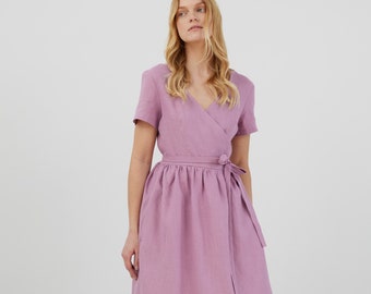 Linen wrap dress, summer style with pockets | FLORA