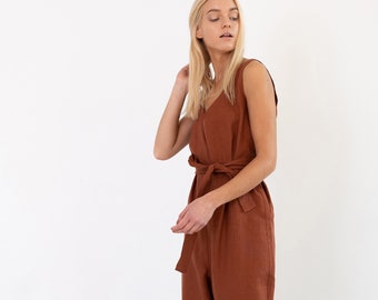 MADELINE Linen Jumpsuit / Sleeveless V-Neck Loose Linen Overall / Linen Romper