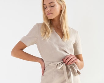 chinese dress ladies Chardon VNeck Midi Short Sleeve Tailored Cream Linen Wrap Dress