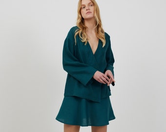 Linen kimono wrap top, emerald blue tie top | DELILAH