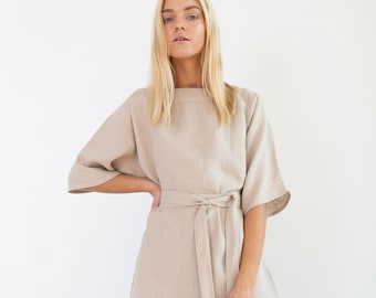 Linen kimono dress, midi with belt, handmade | CLEMENTINE