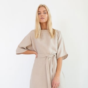 Linen kimono dress, midi with belt, handmade | CLEMENTINE