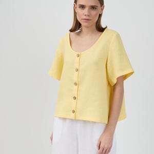 Linen Button Up Blouse with Short Sleeves JEMMA in Butter Yellow / Women&#39;s Shirt