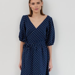 Vestido de lino cruzado con mangas abullonadas ADELE / Vestido midi de corte A con cuello en V / Vestido de verano de lino para mujer