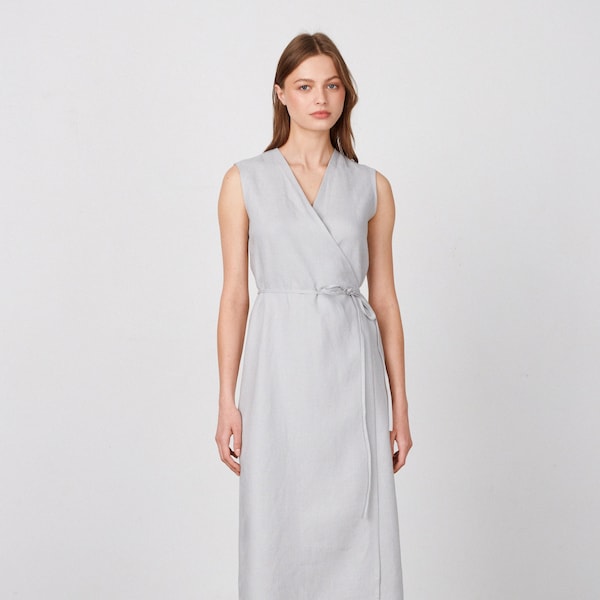 PIA Linen Midi Wrap Dress / Sleeveless Summer Dress / Long Wrap Linen Women's Dress