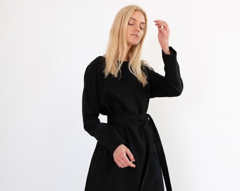 DAWN Linen Maxi Dress / Black Dress With Belt
