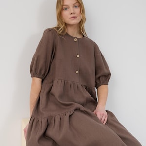 Puff Sleeve Linen Dress ARI, Tiered Midi Dress, Handmade Clothing for Women