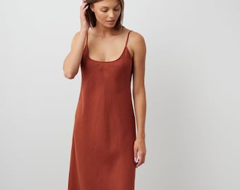 Linen slip dress, bias cut summer strap dress | DIORA