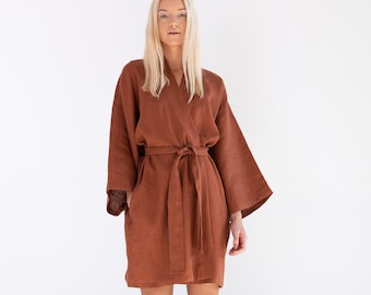 ATHENA Linen Wrap Dress / Rust Linen Kimono Dress / Linen Summer Dress