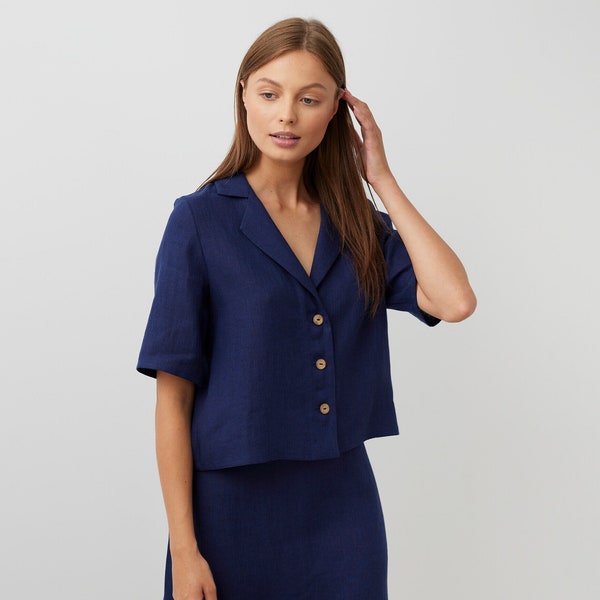 Chemise à manches courtes en lin RAY / Haut à col / Chemisier en lin / Hauts faits main pour femme