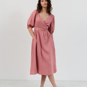 Puff Sleeve Wrap Linen Dress ADELE / V Neck A-Line Midi Dress / Linen Summer Dress for Women