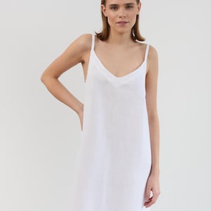 White linen slip dress, cami midi, V neck straps | WILLOW