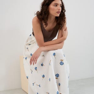 Linen maxi skirt, roses print, high-waisted flowy, elastic waist, handmade | OPHELIA