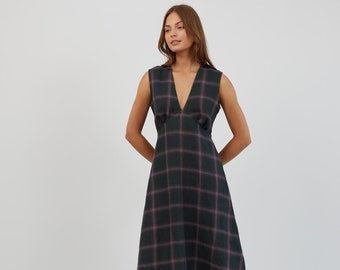 Plaid linen midi dress, sleeveless V neck, empire waist | LAURA